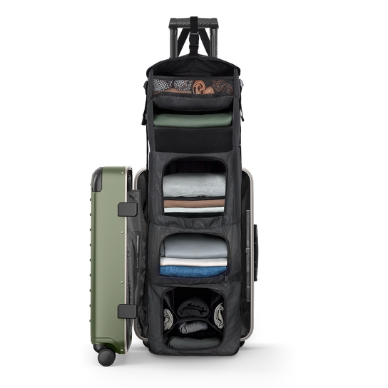 Open large green Carry-On Closet suitcase — travel luggage with closet-style compartments