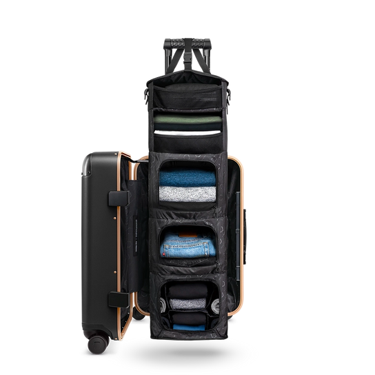 Open medium black Carry-On Closet suitcase — travel luggage with closet-style compartments