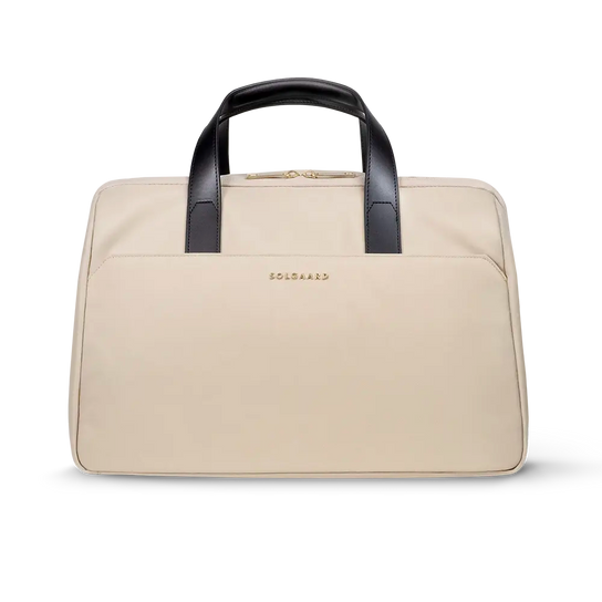 Front-facing image of beige Voyager backpack — stylish and practical travel bag