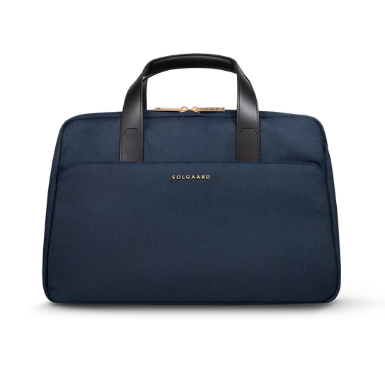 Front view of blue Voyager bag